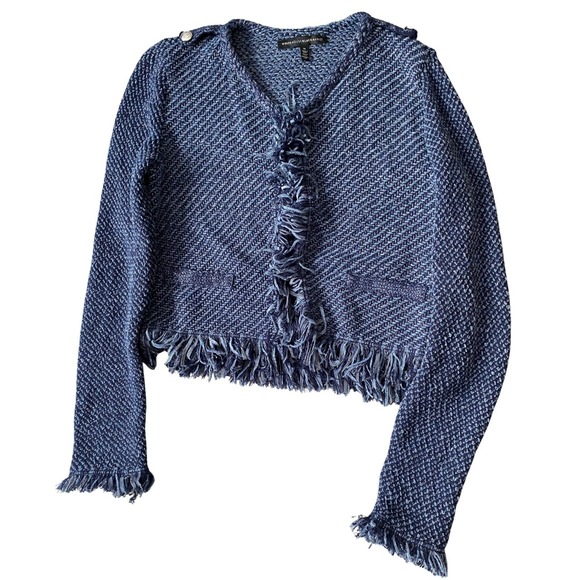 White House Black Market Blue Textured Fringe Knit Cardigan Jacket Blazer Size M - Picture 3 of 8